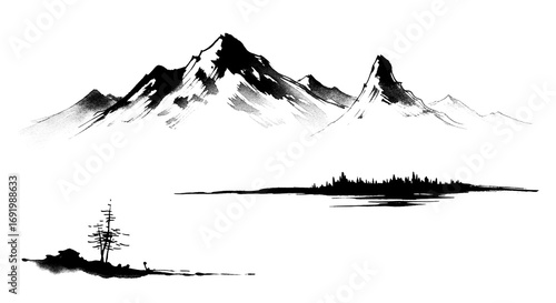 Elegant Japanese inspired mountains painting in black watercolor on transparent background