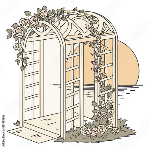 Romantic wedding ceremony arbor adorned with layers of soft pink and ivory roses, ivy vines curling through latticework, backlit by glowing sunset, with
