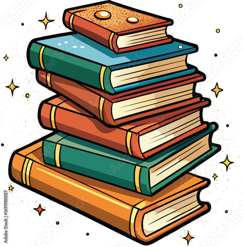 Magical stack of levitating books illuminating knowledge and imagination