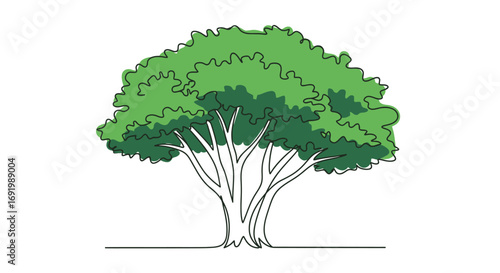 Stylized tree illustration with continuous line and vibrant green canopy