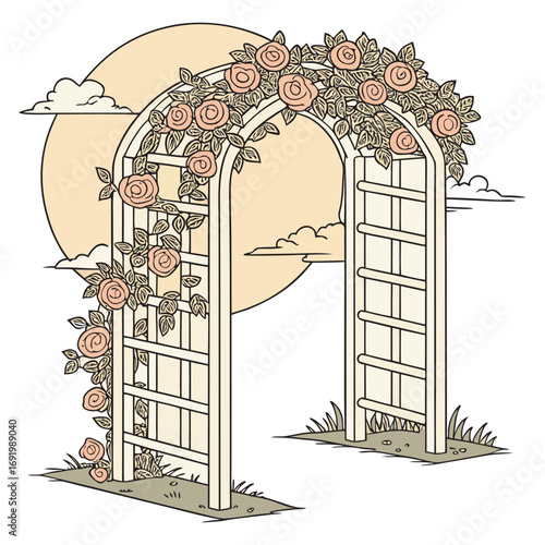 Romantic wedding ceremony arbor adorned with layers of soft pink and ivory roses, ivy vines curling through latticework, backlit by glowing sunset, with