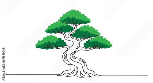 Single line drawing of abstract deciduous tree with vibrant green foliage
