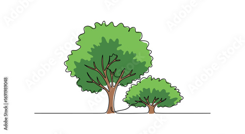 Stylized green trees illustration with organic line drawing and flat shading