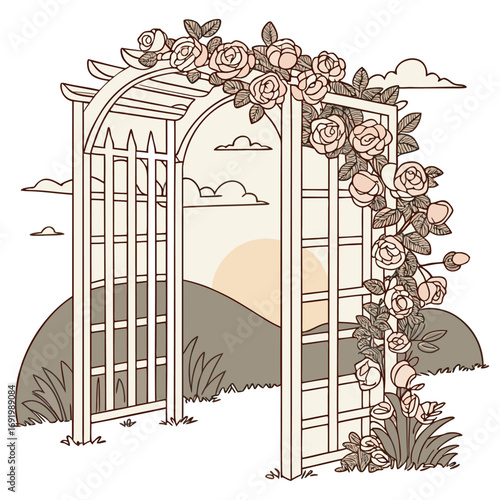 Romantic wedding ceremony arbor adorned with layers of soft pink and ivory roses, ivy vines curling through latticework, backlit by glowing sunset, with