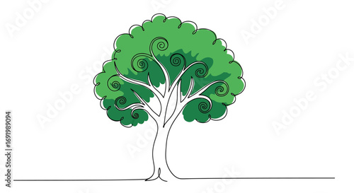 Single line illustration of a stylized verdant tree symbolizing growth and