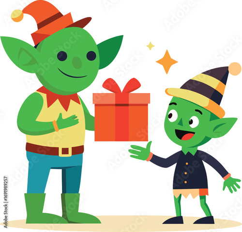Two cute green elves exchanging a red gift box with a bow