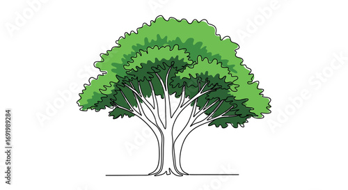 Single line art of a tree with vivid green leaves on white background