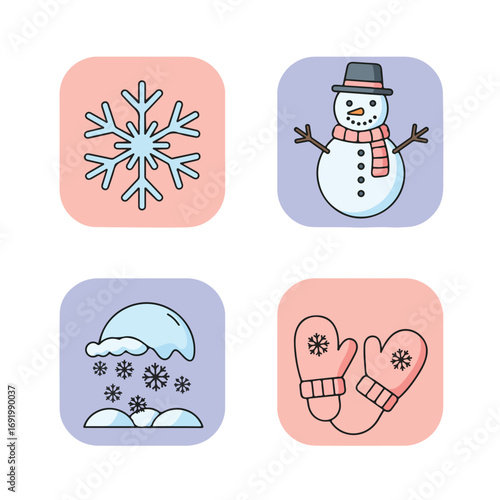 Winter Icons snowflake, snowman, snowstorm, mittens on pink/purple squares