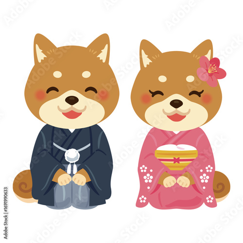 晴れ姿で笑顔な戌年のキャラクター　男女