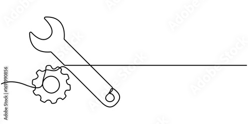 Continuous line drawing of wrench with gears. One line of mecanical wrench. Worker tool concept continuous line art. 