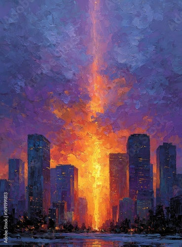 Cityscape at sunset, vibrant colors, dramatic sky