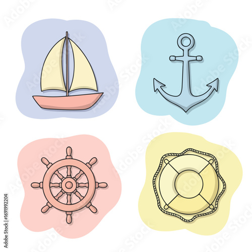 Maritime elements boat, anchor, wheel, life buoy on colorful backgrounds