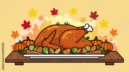 Roasted Thanksgiving Turkey with Sides with autumnal vegetables (potatoes, carrots, Brussels sprouts) on a white platter