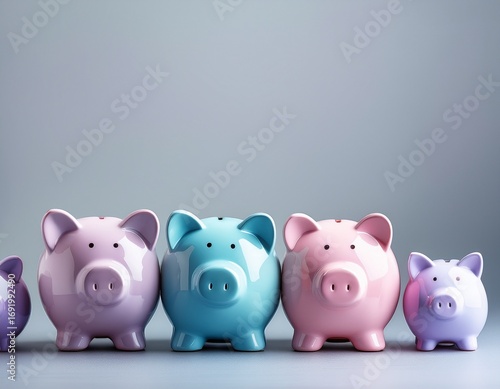 Many lilac, blue, and pink pastel colors piggy banks on light gray background with copy spce. Generated image