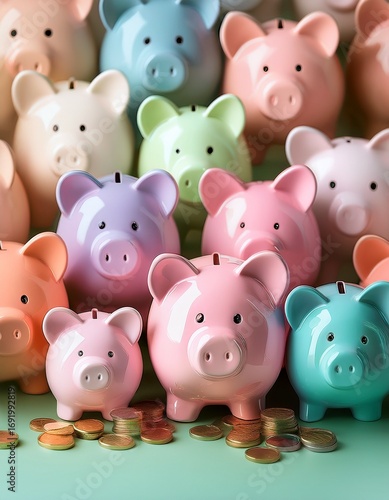 Top view of many lilac, yellow, and green pastel colors piggy banks on pastel background. Generated image