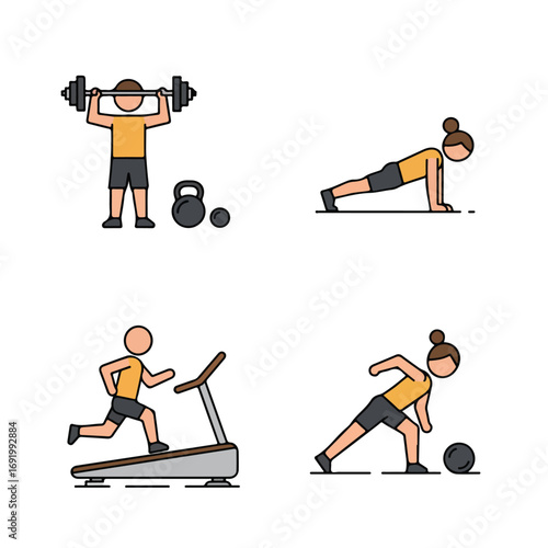 Exercising icons Weights, pushups, treadmill, squats