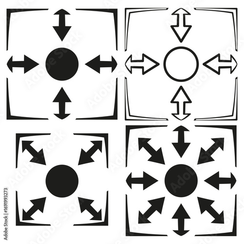 Expansion and contraction icons. Black vector graphic symbols. Directional arrow illustration. Geometric motion concept. EPS 10.