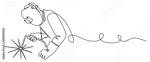 Continuous line art of a male construction worker welding and emitting sparks. Vector illustration