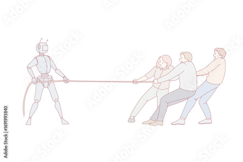 Human workers pulling the rope against robotic worker. Vector concept illustration of fighting between artificial intelligence technology and business people.