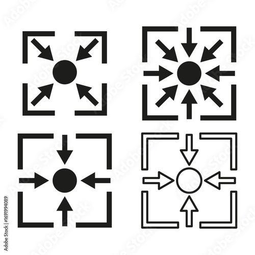 Expansion and contraction icons. Black vector graphic symbols. Directional arrow illustration. Geometric motion concept. EPS 10.