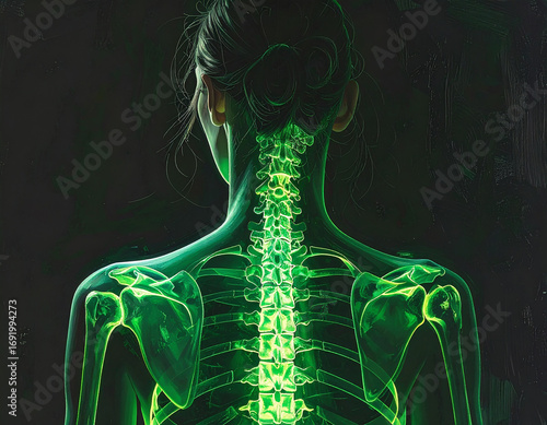 Medical illustration of a female's spine illuminated in a vibrant green, emphasizing its intricate structure. The image gives a view of the human's back and shoulders.