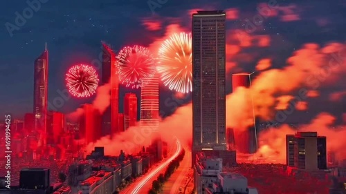 Wallpaper Mural 4K Grand Fireworks Display Over Vibrant Night City Skyline and Illuminated Roads Torontodigital.ca