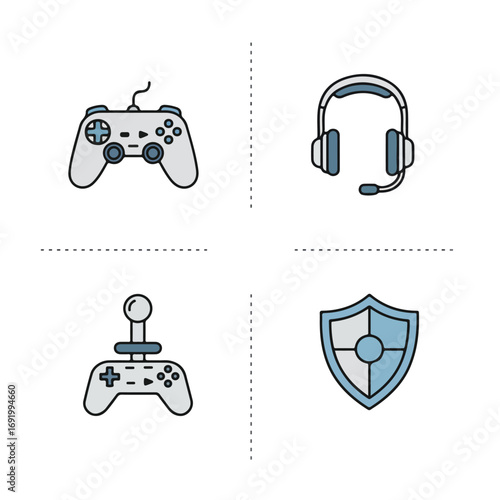 Gaming setup icons controller, joystick, headset, and shield