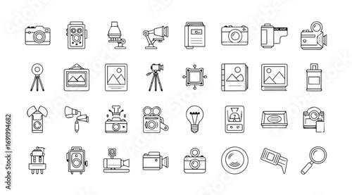 Collection of hand drawn photography and art icons in silhouette