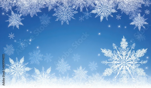 Frosted windowpane with intricate snowflakes against a blue sky