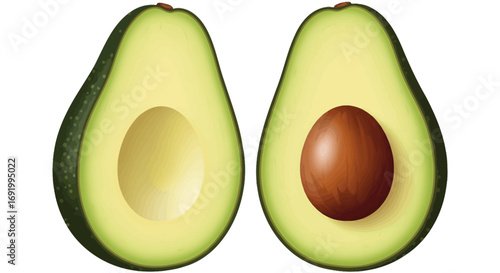 Two halves of a ripe avocado, one with the seed and the other empty.