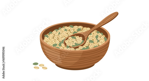 Wooden bowl of oatmeal with pumpkin seeds, a wooden spoon rests inside.