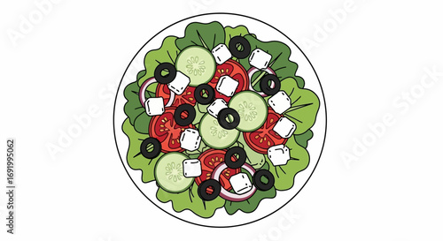 Top-down view of a Greek salad on a white plate, featuring lettuce, tomatoes, cucumbers, olives, feta cheese, and red onions.