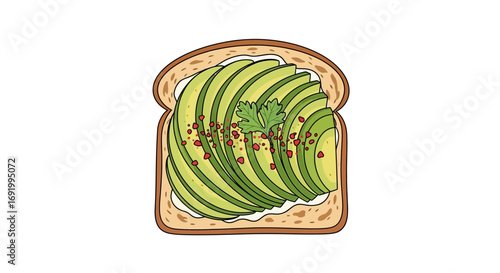 Top-down illustration of an avocado toast with cream cheese, cilantro, and red pepper flakes on a white background.