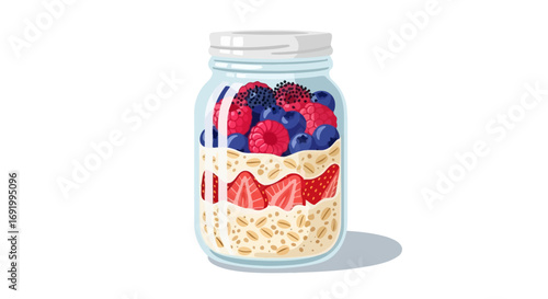 Delicious jar of layered overnight oats with fresh berries, a healthy breakfast option.
