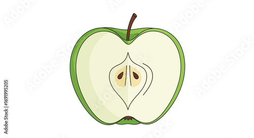 Illustration of a halved green apple showing the core, seeds, and stem, set against a white background.
