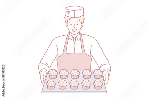Pastry baking worker with cupcakes tray. Vector concept illustration of desserts baker serving sweet muffins.