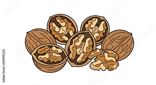 A collection of whole and cracked walnuts, showcasing their shelled interiors.