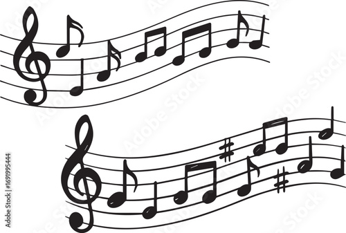 Musical notes and treble clef staff vector illustration. Musician concept of melody, bass and tune symbols, isolated sound design on transparent background.eps
