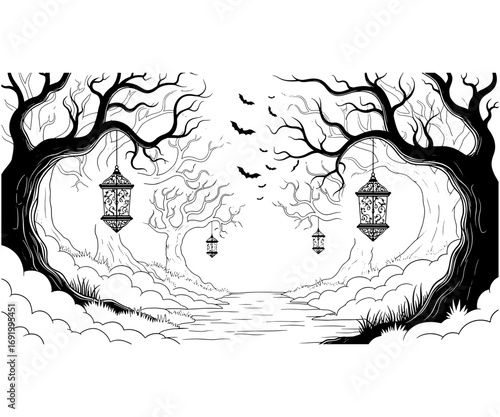 Dark Forest Path Halloween Monochrome Scene