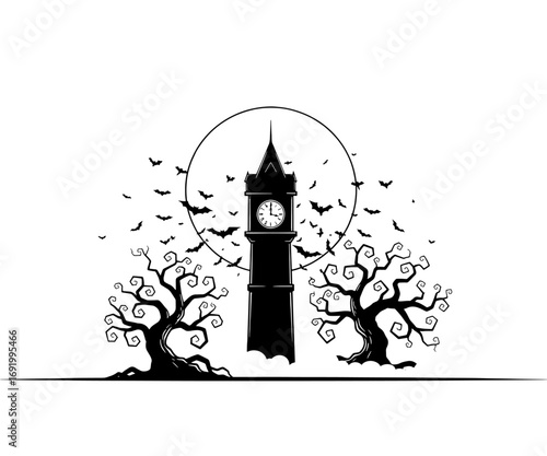 Haunted Clock Tower Halloween Monochrome Scene