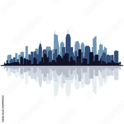 Modern cityscape silhouette reflecting on the water at dusk with tall buildings and skyscrapers