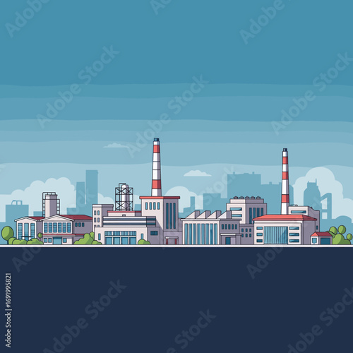 Modern industrial factory complex with tall smokestacks against a cloudy sky