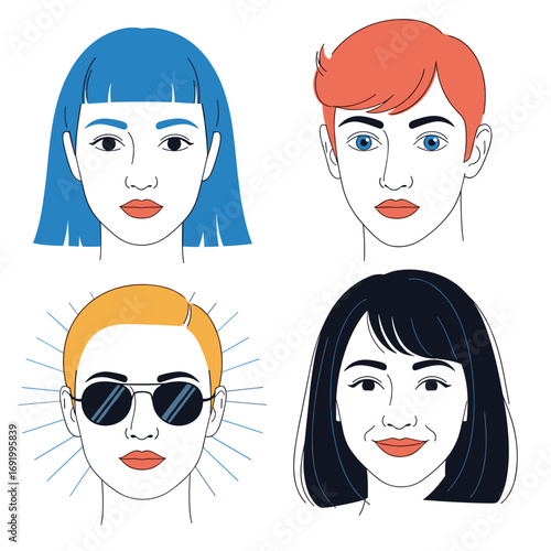 Diverse portraits showcase different hairstyles and facial features representing modern people