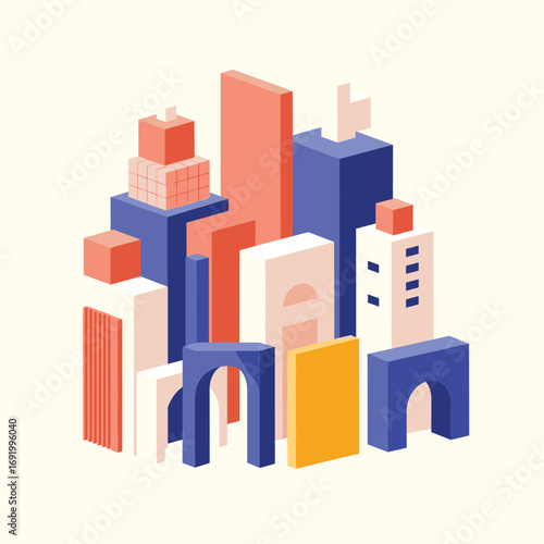Abstract geometric cityscape with colorful buildings and architectural elements rendered in isometric style