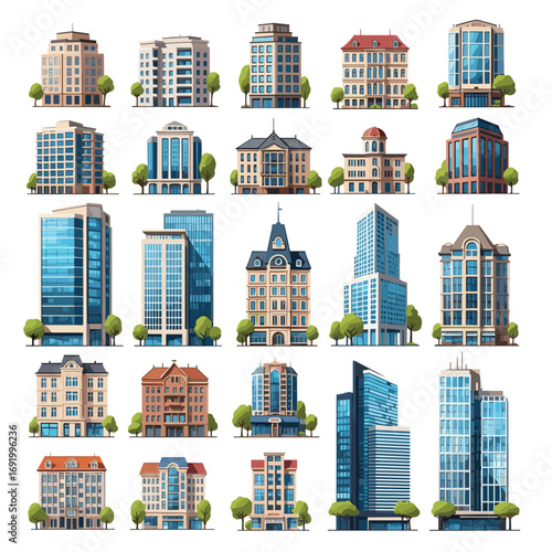 Diverse collection of modern and traditional architectural buildings displayed in an organized grid layout
