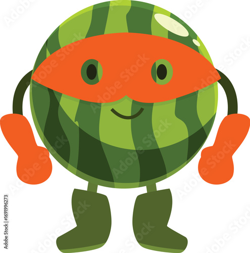 Cartoon illustration of a cheerful watermelon superhero wearing an orange mask, gloves, and boots, promoting healthy eating habits and fun