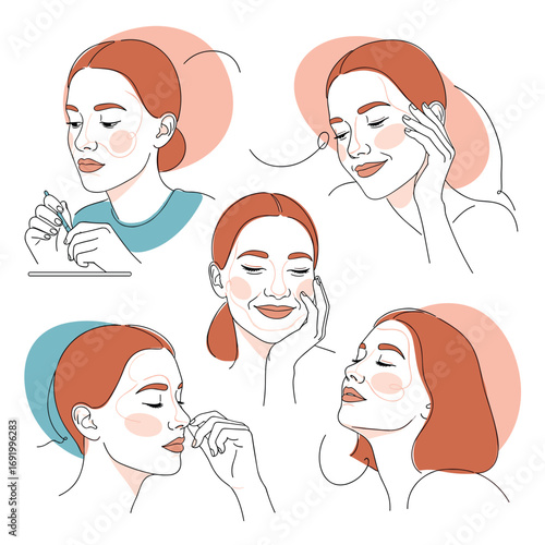 Five different illustrations of women enjoying self care routines and beauty treatments with gentle colors