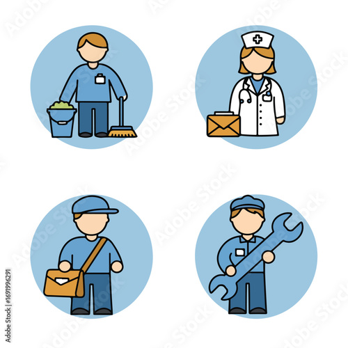 Jobs set cartoon worker, nurse, mailman, and mechanic, blue circles