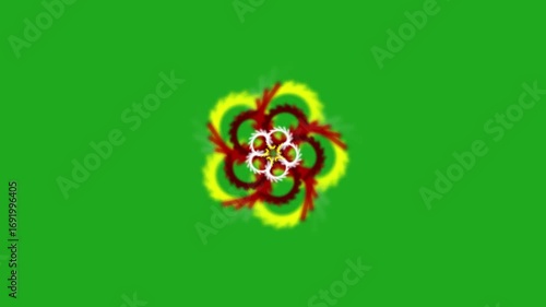 Animation of complex, symmetrical mandala with concentric red, white and yellow cog-like shapes