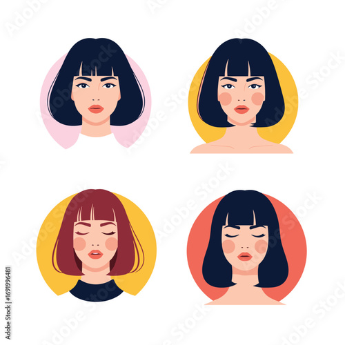Set of four minimalist pixel art portraits of diverse women with different hairstyles and expressions